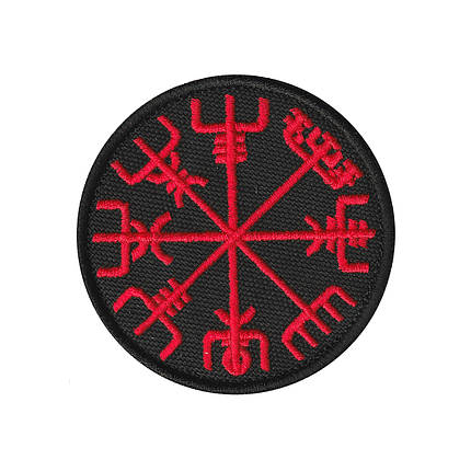 Вишитий шеврон "Компас Вікінгів Рунічний компас Vegvisir" на липучці (чорно-червоний), фото 1
