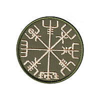 Вышитый шеврон "Компас Викингов Рунический компас Vegvisir" на липучке (олива бежевая)