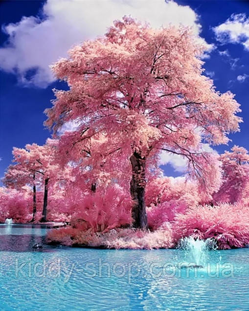 Діамантова вишивка. Картина на підрамнику "Цвіт сакури біля води", 40х50см, квадратні стрази, фото 1