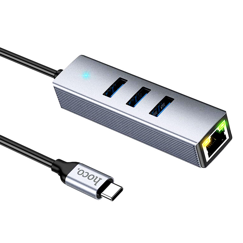 Hoco HB34 Easy 4in1: Адаптер Type-C для USB3.0*3+RJ45, 155мм