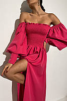 Платье - макси женское длинное с пышным длинным рукавом, с разрезом, однотонное, Малиновый, L-XL