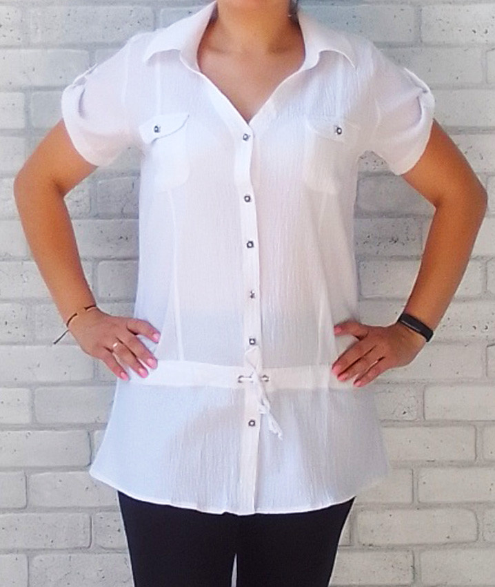 ОПТОМ біла подовжена жіноча сорочка — туніка на ґудзиках (футболка) з коротким рукавом р.S M L XL 2XL 3XL