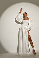 Платье - макси женское длинное, с пышным длинным рукавом, с разрезом, однотонное, Белый, S-М