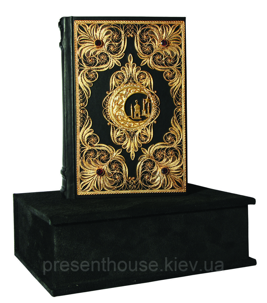 Книжка шкіряна Коран з філігранією (золото), литтям і гранатами в замшевій шкатулі, фото 1
