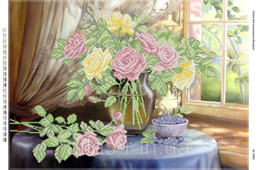 Схема для часткової вишивки бісером "Натюрморт з трояндами біля вікна"
