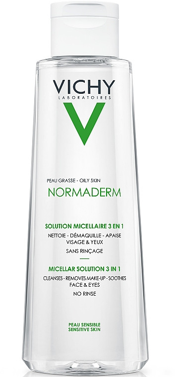 Міцелярна вода 3-в-1 Vichy Normaderm для зняття макіяжу та очищення жирної чутливої ​​шкіри обличчя та очей, 200 мл