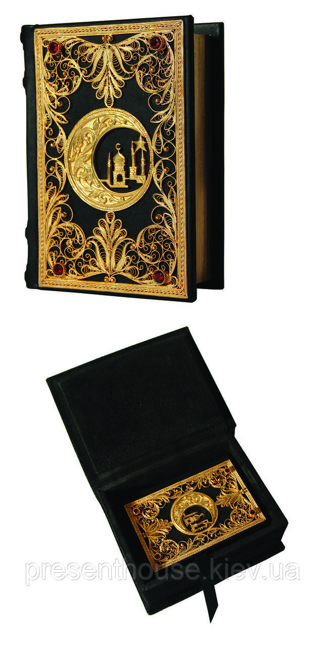 Коран малий з філігранню (золото), литтям і гранатами в замшевій шкатулці, фото 1