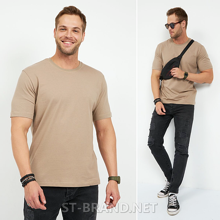 M,L,XL,2XL,3XL. Бежеві чоловічі однотонні футболки з м'якого та приємного бавовняного матеріалу стрейч-котон, фото 1