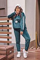 Женский велюровый прогулочный спортивный костюм велюр спорт штаны и кофта с замком большого размера батал 50/52, Изумруд