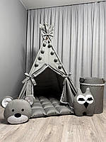 Вігвам дитячий Сірий зайчик БОНБОН з Кошиком Повний комплект, вігвам для хлопчика, вігвам для дітей, дитячий намет, дитячий вігвам