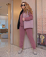 Спортивный женский теплый костюм тройка штаны кофта жилетка батал прогулочный костюмчик большого размера 62/64, Розовый