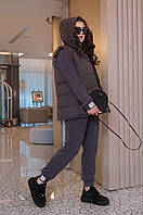 Спортивный женский теплый костюм тройка штаны кофта жилетка батал прогулочный костюмчик большого размера 62/64, Графит