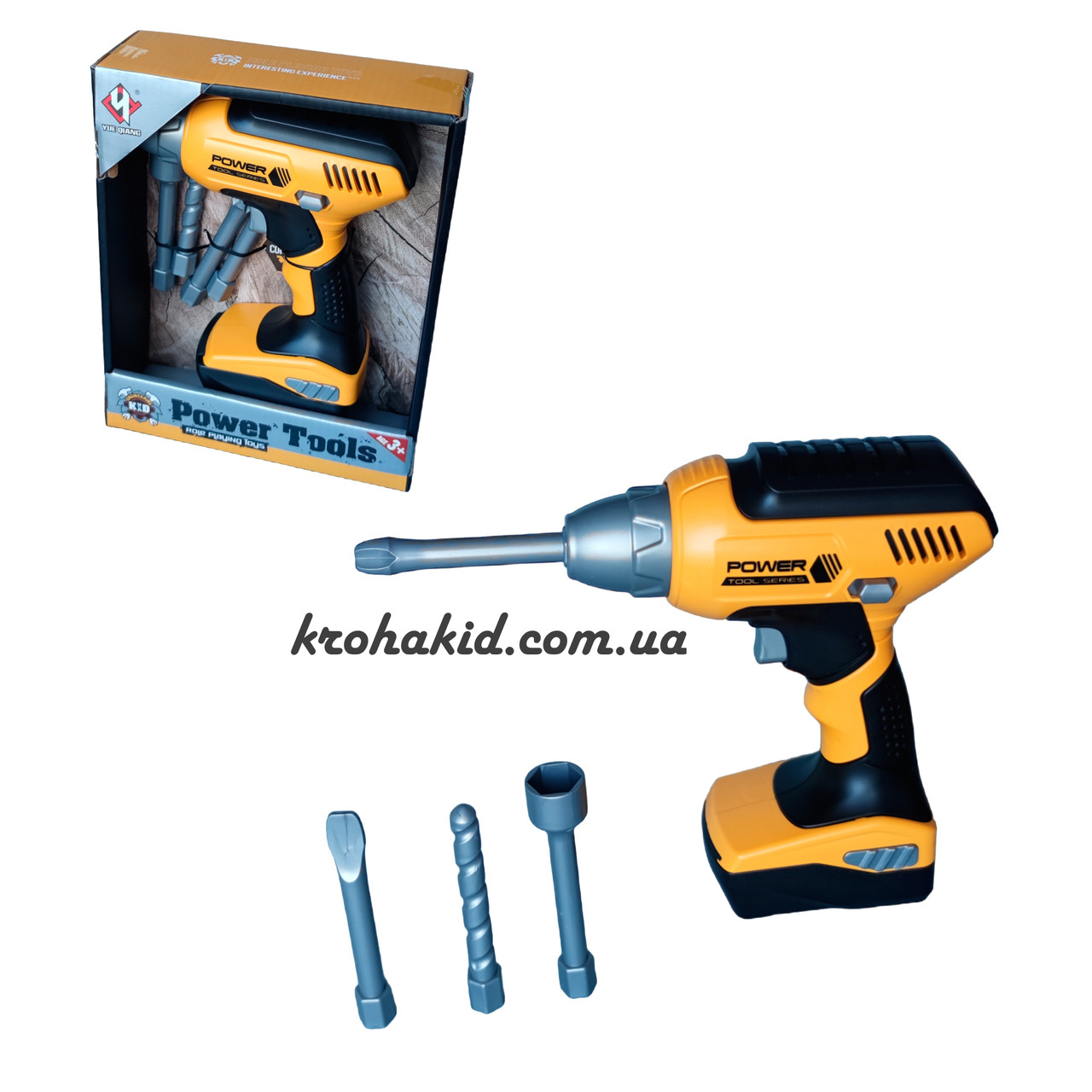 Дитячий шуруповерт з підсвічуванням Power Tools на батарейках 4 насадки обертається в обидва боки