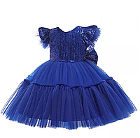Детское нарядное платье с бантом для девочки - синий 80 см