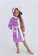 Махровий халат для дівчинки бузковий з капюшоном з вушками