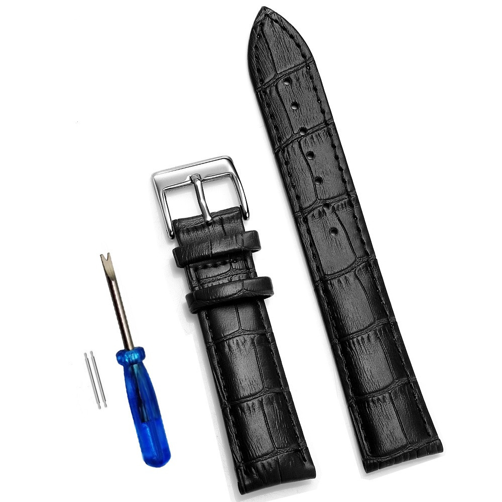 Ремінець шкіряний для годинника 22 мм чорний, пряжка - срібляста, фото 1