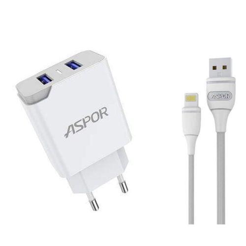 Мережевий зарядний пристрій Aspor A823 (2USB/2.4A) +USB кабель Lightning- білий