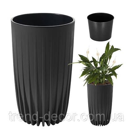 Горщик пластмасовий із вкладом MIRA ECO RECYCLED високий чорний 25 см., фото 3