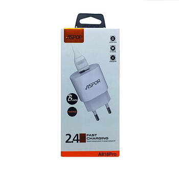 Мережевий зарядний пристрій Aspor A818 Plus (2.4A iQ) +USB кабель Lightning- білий