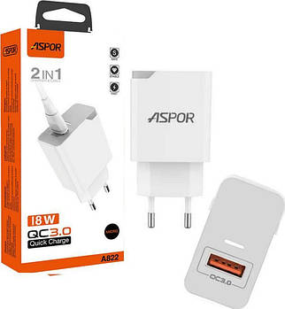 Мережевий зарядний пристрій Aspor A822 Fast Charger (18W QC3.0 1USB/3A) +USB кабель Micro- білий