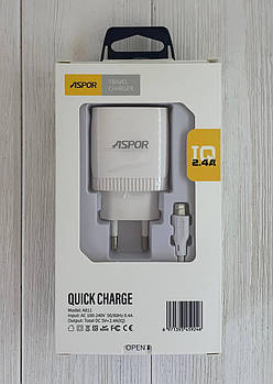 Мережевий зарядний пристрій Aspor A811 (2USB/2.4A) +USB кабель Lighting- білий
