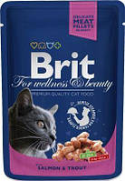 Влажный корм Brit Premium Cat pouch 100г для взрослых кошек кусочки с лососем и форелью
