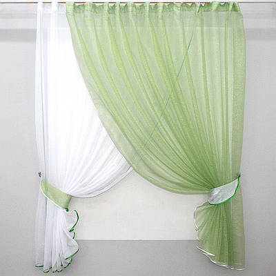 Кухонний комплект (330х170см.), шторки з підв'язками. Колір салатовий з білим. Код 101к 52-0131