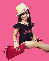 Детский сдельный черный купальник с надписью "Barbie" для моря и бассейна 134-140