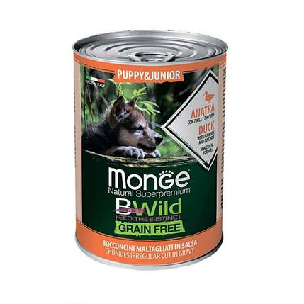Monge BWild Grain Free Wet Duck Puppy&Junior Консервований корм із качки для цуценят (шматочки у соусі) 400г, фото 1