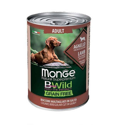 Monge BWild GF Wet Lamb Adult Консервований корм з ягняти для собак різних порід (шматочки в соусі) 400г, фото 1