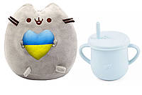 Мягкая игрушка Pusheen cat S&T с сердцем и Поильник-непроливайка Y5 силиконовый Голубой (n-10559)