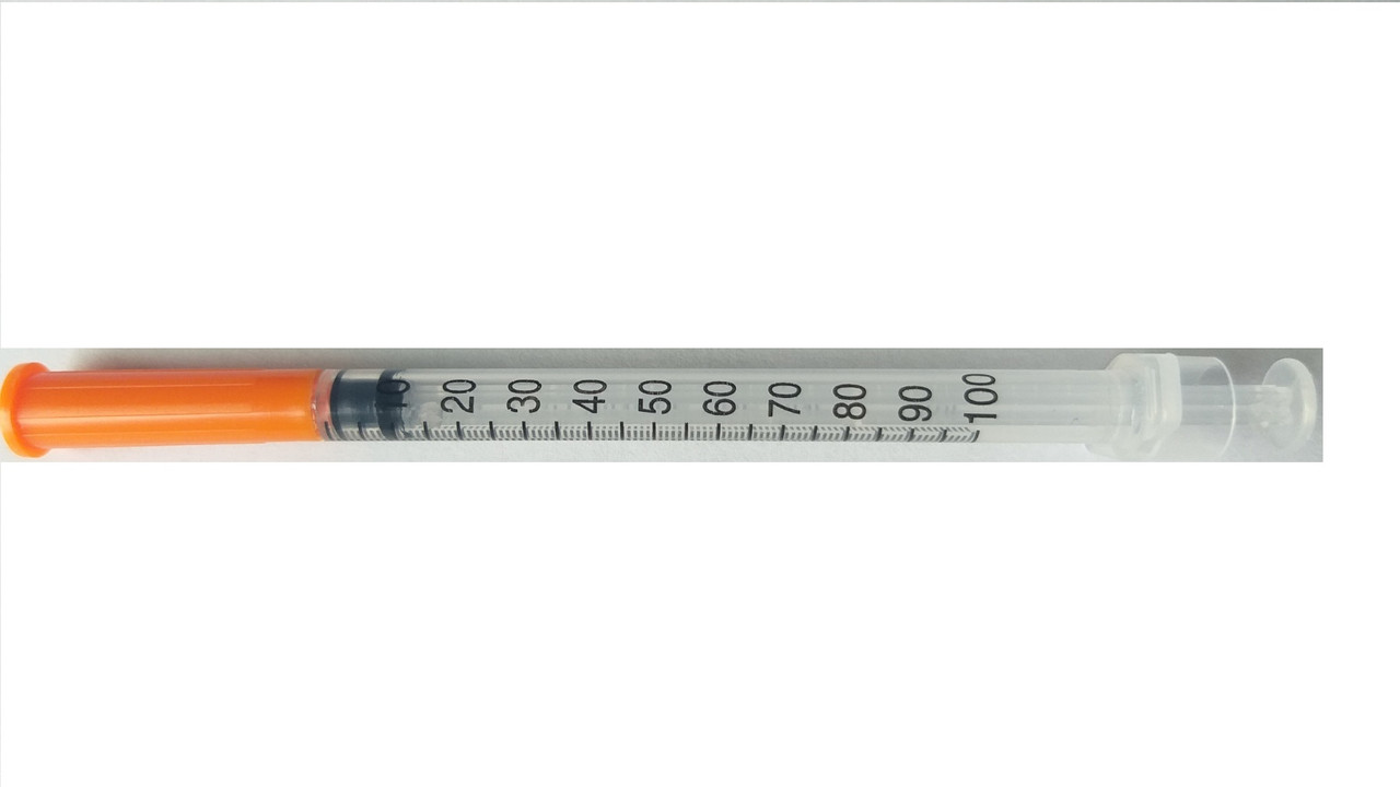 Шприц інсуліновий 1 мл U-100 з інтегрованою голкою 30G (0,3x13 мм), 100 шт, ТМ "Medicare"