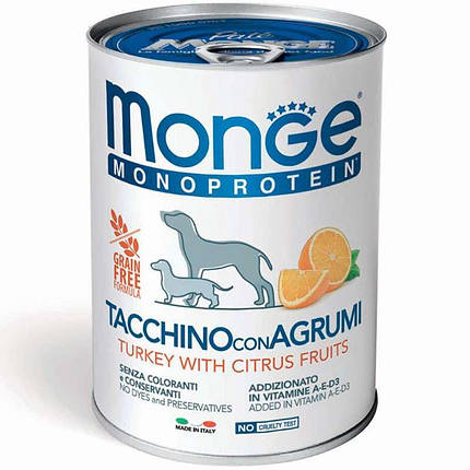 Monge Dog Monoprotein Fruit Turkey with Citrus Монопротеїновий паштет з індичкою і цитрусовими для собак 400г, фото 1