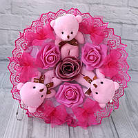 Яскраво рожевий букет з м'яких іграшок, плюшевий ведмедик дитячий букет подарунок для дівчинки доньки подружки