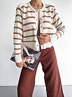 Якісний жіночий стильний кардиган на ґудзиках у смужку з кишенями колір бежевий в універсальному розмірі