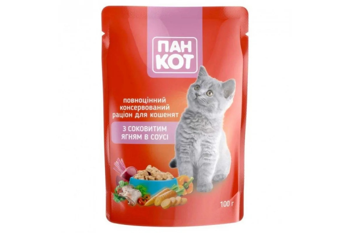 Вологий корм Пан Кіт для кошенят 100 г х 24 шт. з ягням у соусі