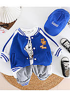 Детский костюм (бомбер, штаны, реглан, кепка), комплект для мальчика тройка с кепкой, синий с белым