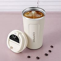 Термокружка Coffee 380 мл с градусником белая из нержавеющей стали
