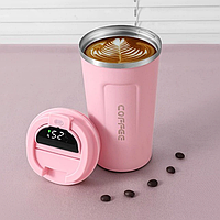 Термокружка Coffee 380 мл с градусником розовая из нержавеющей стали