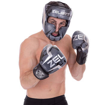 Боксерський набір, Боксерські рукавички 12 унцій + Шолом для боксу розмір XL Сірі ZELART BO-2532-2530