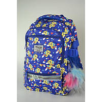 Яскравий шкільний якісний рюкзак із кишенями для дитини синього кольору з тваринами
