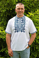 Мужская Рубашка Вышиванка Белая домотканый лен синяя вышивка р. 42 - 56 S