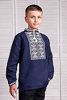 Рубашка Вышиванка для мальчика синий лен белая вышивка 92 98 104 110 116