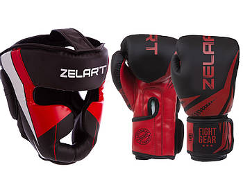 Боксерський набір, Боксерські рукавички 10 унцій + Шолом для боксу розмір L червоний ZELART 7041-0866