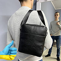 Шкіряна сумка-планшет чоловіча через плече, стильна барсетка месенджер чорна зі шкіри, наплічні чоловічі сумки