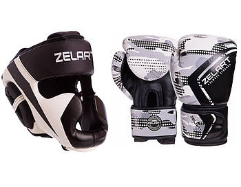 Боксерський набір, Боксерські рукавички 10 унцій + Шолом для боксу розмір L білий ZELART 7041-3397