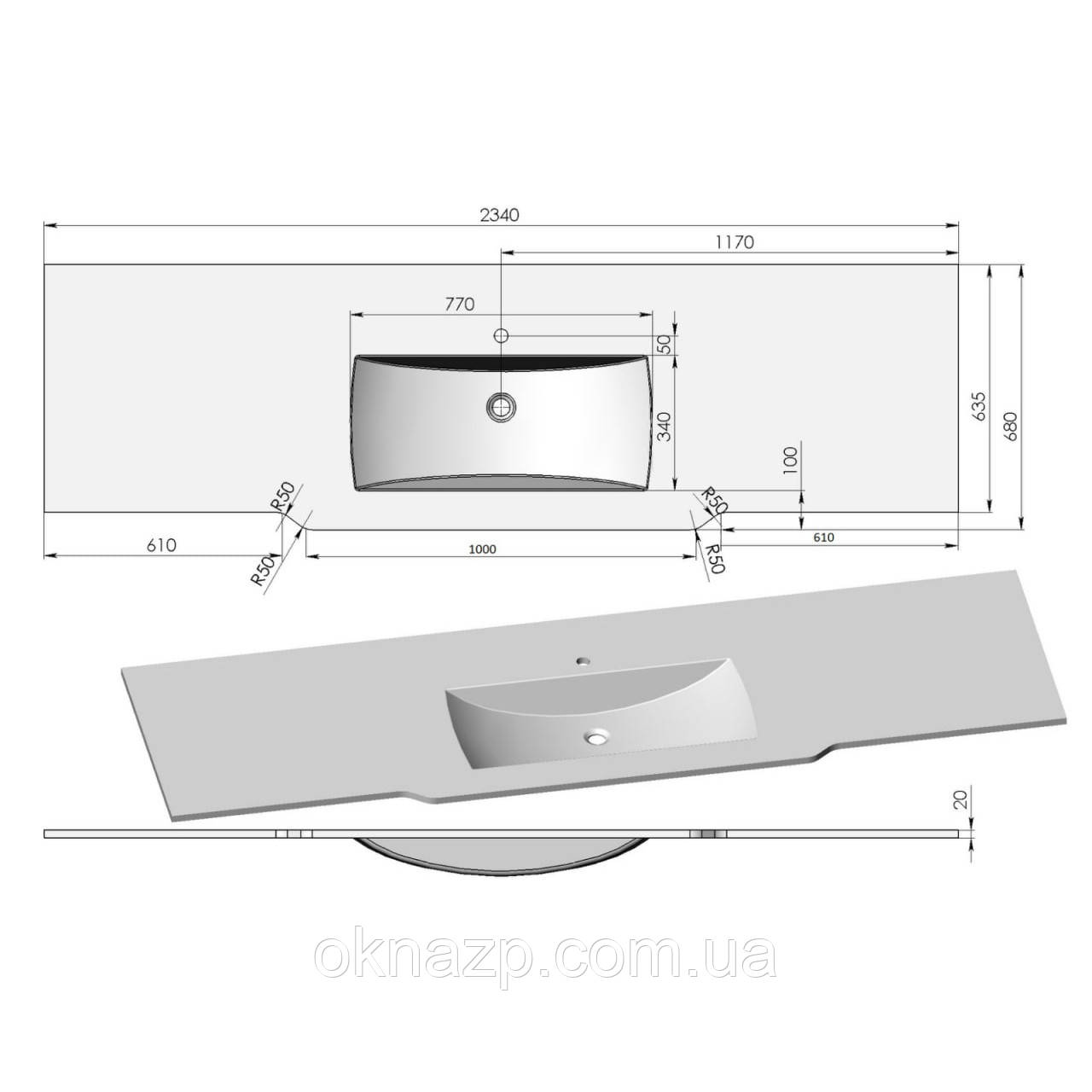 Столешница 2340х680 толщиной 20мм с цельнолитой чашей Персия 770х340 цвет Льняной глянец - фото 4 - id-p1904550404