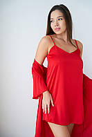 Женский шелковый комплект рубашка и халат Красный