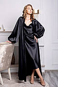 Розкішний атласний комплект халат з пеньюаром Чорний