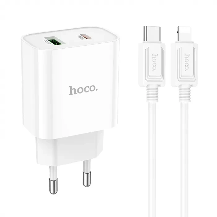 Зарядний пристрій з швидкою зарядкою + кабель Type-C to Lightning HOCO C80A Plus |PD20W+QC3.0| Білий